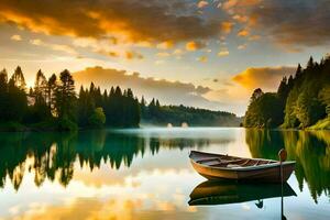 a boat sits on the calm water at sunset. AI-Generated photo