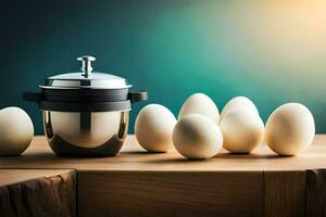 eggs on a table with a pot and a pan. AI-Generated photo