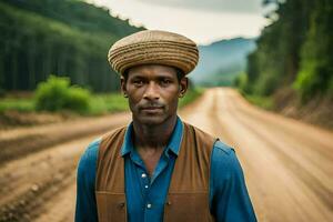 un hombre vistiendo un sombrero soportes en un suciedad la carretera. generado por ai foto