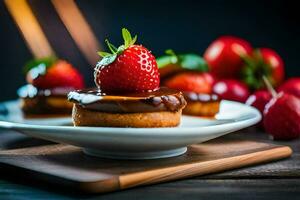 a plate with two cakes and strawberries. AI-Generated photo