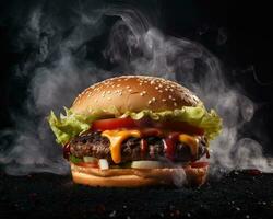Hot melting burger on smoke dark studio background. Tasty delicious spicy chicken and cheese hamburger. AI Generated photo