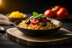 spaghetti with tomatoes and basil on a wooden table. AI-Generated photo