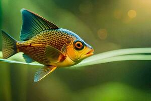 un pescado con negro y amarillo rayas es nadando en el agua. generado por ai foto