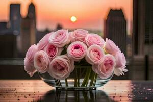 a vase of pink roses on a table with a city in the background. AI-Generated photo