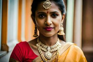 a beautiful indian woman wearing jewelry and a sari. AI-Generated photo