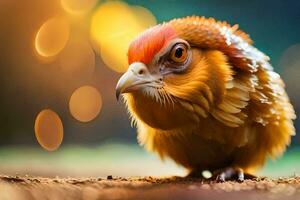 un pequeño pájaro con un rojo cabeza en pie en el suelo. generado por ai foto