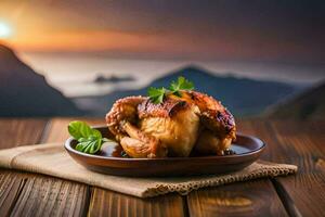 chicken on a plate with a sunset in the background. AI-Generated photo