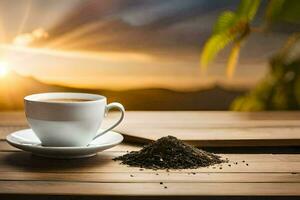 a cup of tea on a wooden table with a view of the sunset. AI-Generated photo