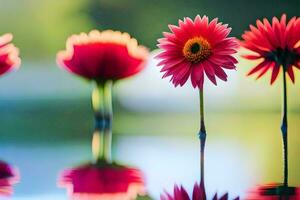 cuatro rojo flores son reflejado en agua. generado por ai foto