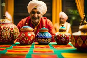 a man in a turban is sitting next to colorful pots. AI-Generated photo