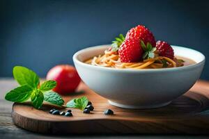 a bowl of pasta with strawberries and mint leaves on a wooden table. AI-Generated photo