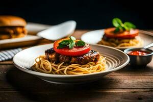 two plates with spaghetti and meat on top. AI-Generated photo
