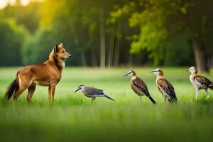 un perro y aves en un campo. generado por ai foto