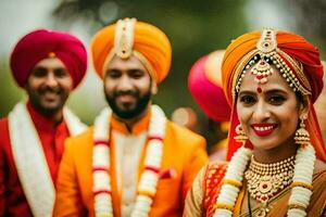 a bride and groom in traditional indian attire. AI-Generated photo