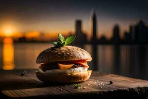 un hamburguesa con un puesta de sol en el antecedentes. generado por ai foto