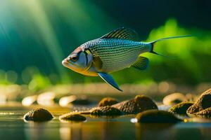 un pescado es volador terminado rocas y agua. generado por ai foto