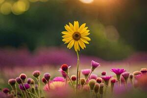 a single yellow flower stands out in a field of colorful flowers. AI-Generated photo