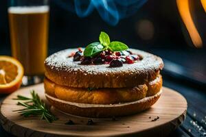 a cake with berries and sugar on top. AI-Generated photo