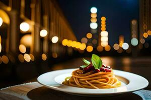 a plate of pasta with sauce and basil leaves on a wooden table in front of a city skyline. AI-Generated photo