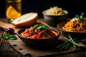 spaghetti with meat and vegetables in a bowl. AI-Generated photo