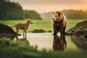 un león y un perro en pie en el agua. generado por ai foto