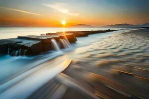 a long exposure photograph of a beach with waves crashing into the shore. AI-Generated photo