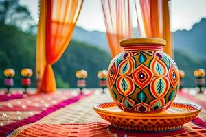 an indian vase on a table with colorful curtains. AI-Generated photo