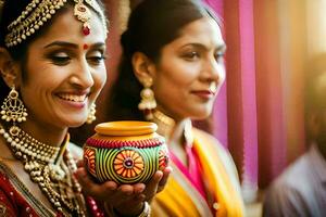 dos mujer en tradicional indio atuendo participación un maceta. generado por ai foto