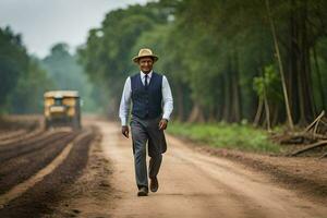 a man in a hat and vest walking down a dirt road. AI-Generated photo