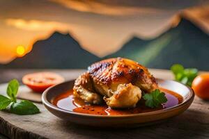 chicken in a sauce with tomatoes and herbs on a wooden table. AI-Generated photo