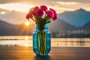 flowers in a blue vase on a table with mountains in the background. AI-Generated photo