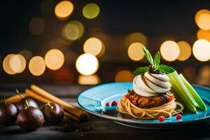 a plate with spaghetti and ice cream on it. AI-Generated photo