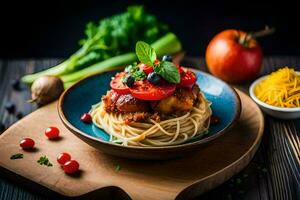 spaghetti with tomato and cheese on a wooden table. AI-Generated photo