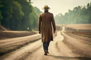 un hombre en un marrón Saco y sombrero caminando abajo un suciedad la carretera. generado por ai foto
