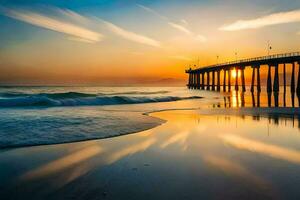 the sun sets over a pier and waves. AI-Generated photo