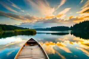 a canoe is floating on the calm lake at sunset. AI-Generated photo