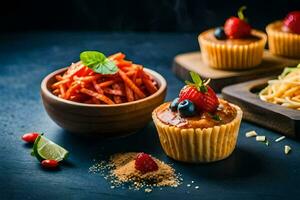 cupcakes with strawberries and blueberries on a table. AI-Generated photo