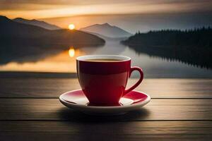 coffee cup on the table, lake, mountains, sunrise, sunrise, sunrise, the lake. AI-Generated photo