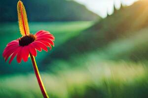 a red flower is standing in front of a green field. AI-Generated photo