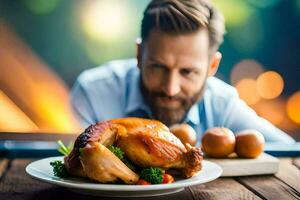 a man is looking at a plate of roasted chicken. AI-Generated photo