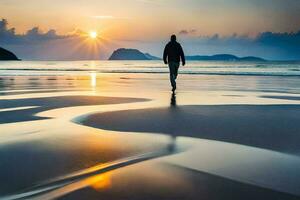 un hombre caminando en el playa a puesta de sol. generado por ai foto