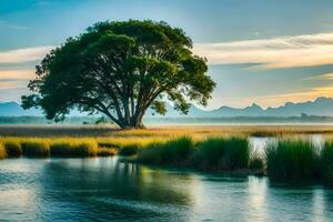 un árbol soportes en el medio de un río con montañas en el antecedentes. generado por ai foto