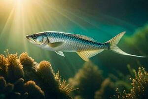 un pescado nadando en el Oceano con luz de sol brillante. generado por ai foto