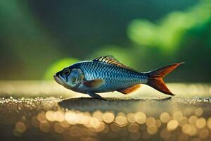 a fish is standing on the ground with a blurry background. AI-Generated photo