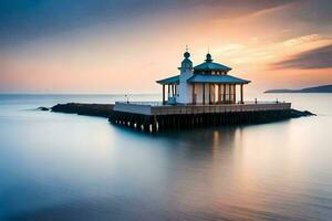 a lighthouse sits on the shore of the ocean. AI-Generated photo