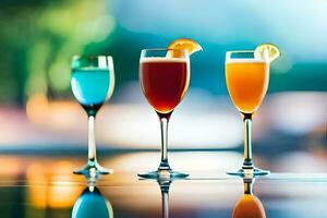 three glasses of different colored drinks on a table. AI-Generated photo