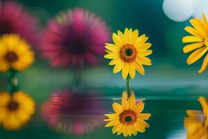 yellow flowers in the water with a green background. AI-Generated photo