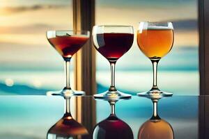 three glasses of wine on a table with a view of the ocean. AI-Generated photo