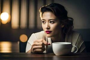 a woman with red lipstick sitting at a table with a cup of coffee. AI-Generated photo