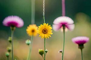 a flower is hanging from a string in the field. AI-Generated photo